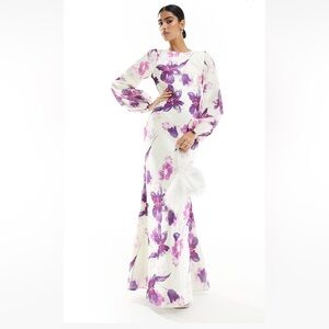 ASOS Contrast Sleeve Satin Bias Maxi Dress in White Based Floral